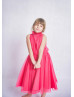 High Neck Fuchsia Tulle Tea Length Flower Girl Dress